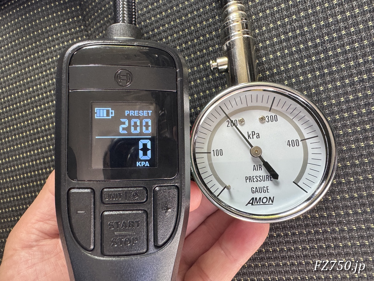 BOSCH EasyPumpでの空気圧設定値とエアゲージの測定値はともに200kPa