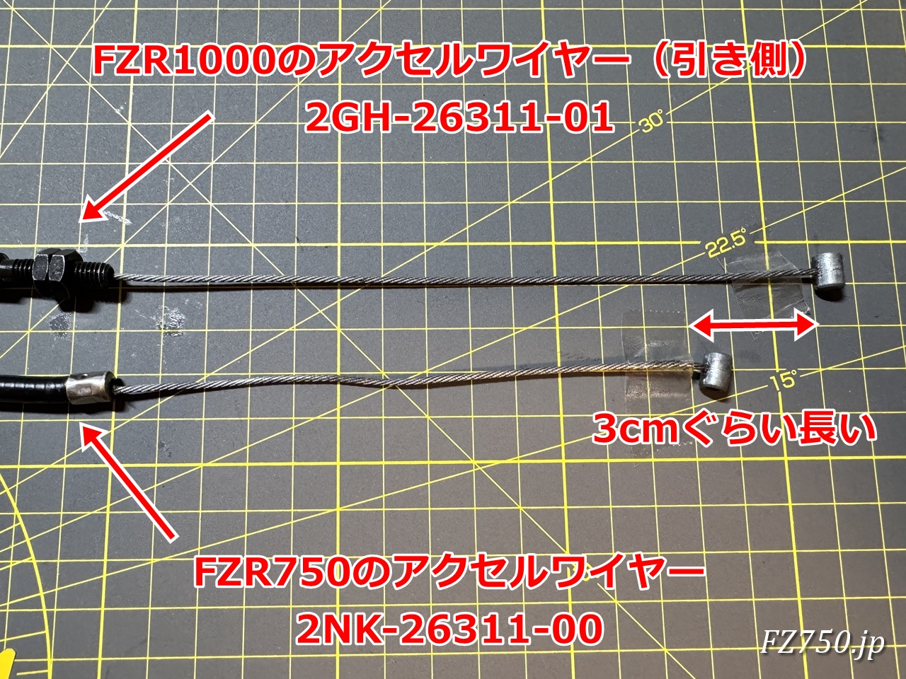 FZR750とFZR1000のアクセルワイヤー比較(キャブ側)